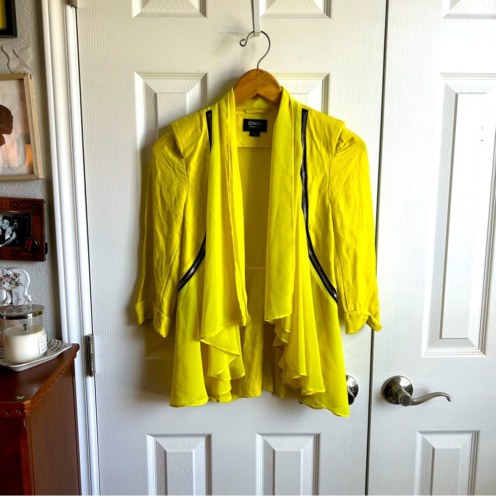 bright yellow sheer flowy panel open front blazer with zippers